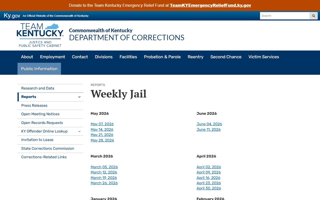 Kentucky DOC weekly jail report source for Trigg County inmate population research